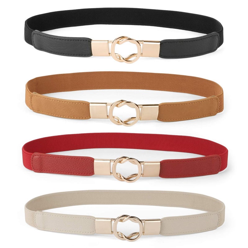 WERFORU Women Skinny Belt for Dresses Retro Stretch Waist Belt with Gold Buckle Set of 4,Black+Brown+Beige+Red - Image 1